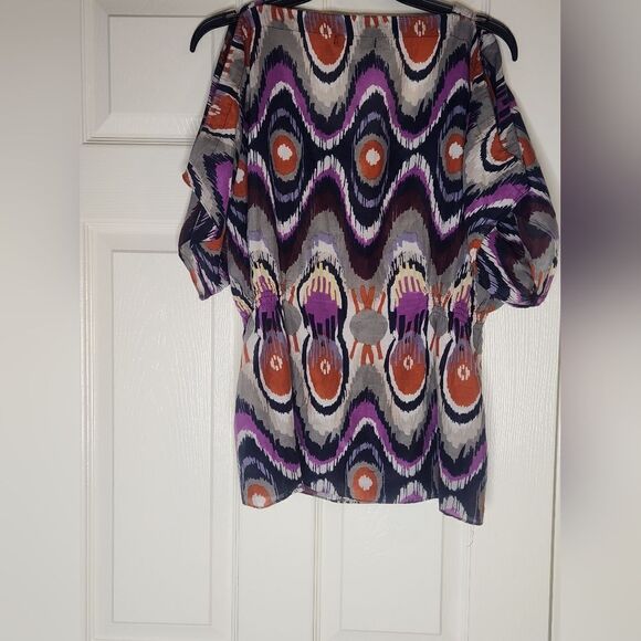 Banana Republic M SILK Blend Abstract Print Cold Shoulder Women’s Top Blouse - Picture 5 of 7